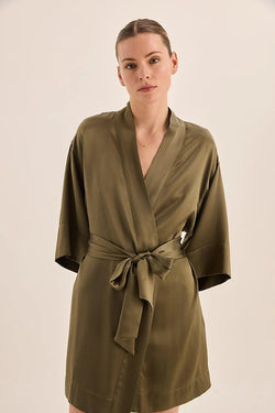 Gingerlilly Diamond Pure Silk Olive Short Robe