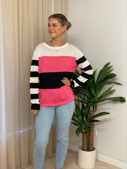 Brave + True Petra Abstract Stripe Knit Black + Bright Pink + White