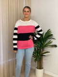 Brave + True Petra Abstract Stripe Knit Black + Bright Pink + White